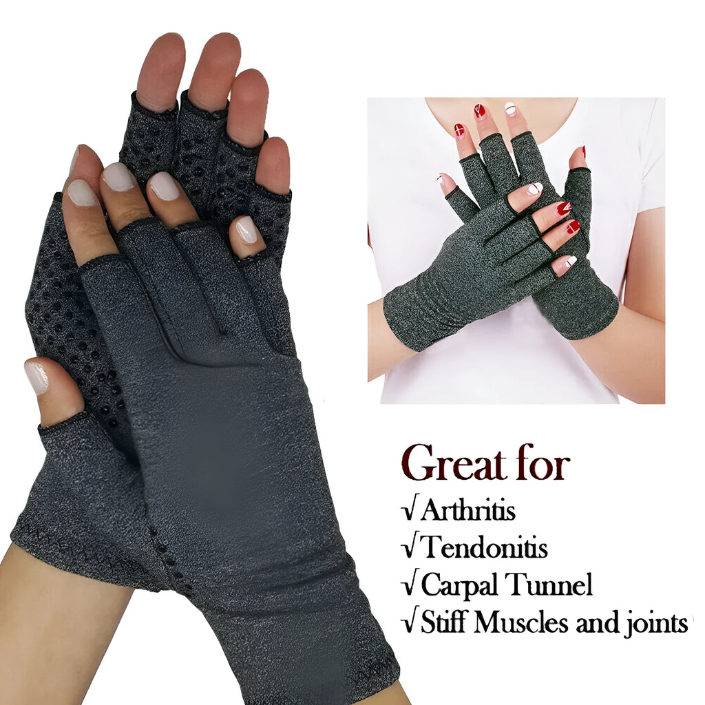 Grey half finger joint compression gloves with anti-slip surface and therapeutic support