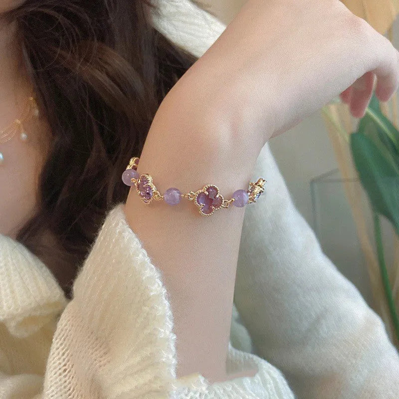 Artificial crystal amethyst bracelet for women with electroplated U-shaped design and pearl accents, imitation amethyst pearl colour option