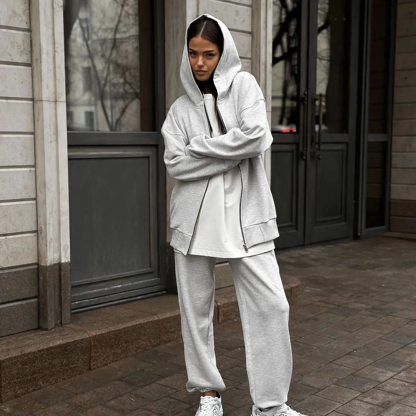 Women's loose-fit grey polyester coat and trousers two-piece set, street style.