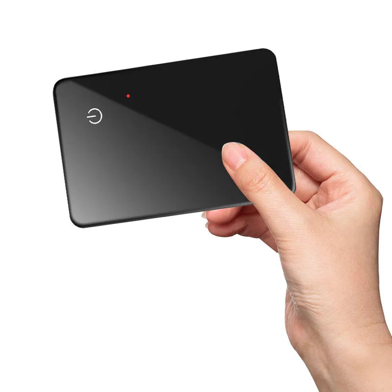Black pet tracking locator card with wireless charging and NFC, constructed from ABS and glass, 85x54x2.1 mm