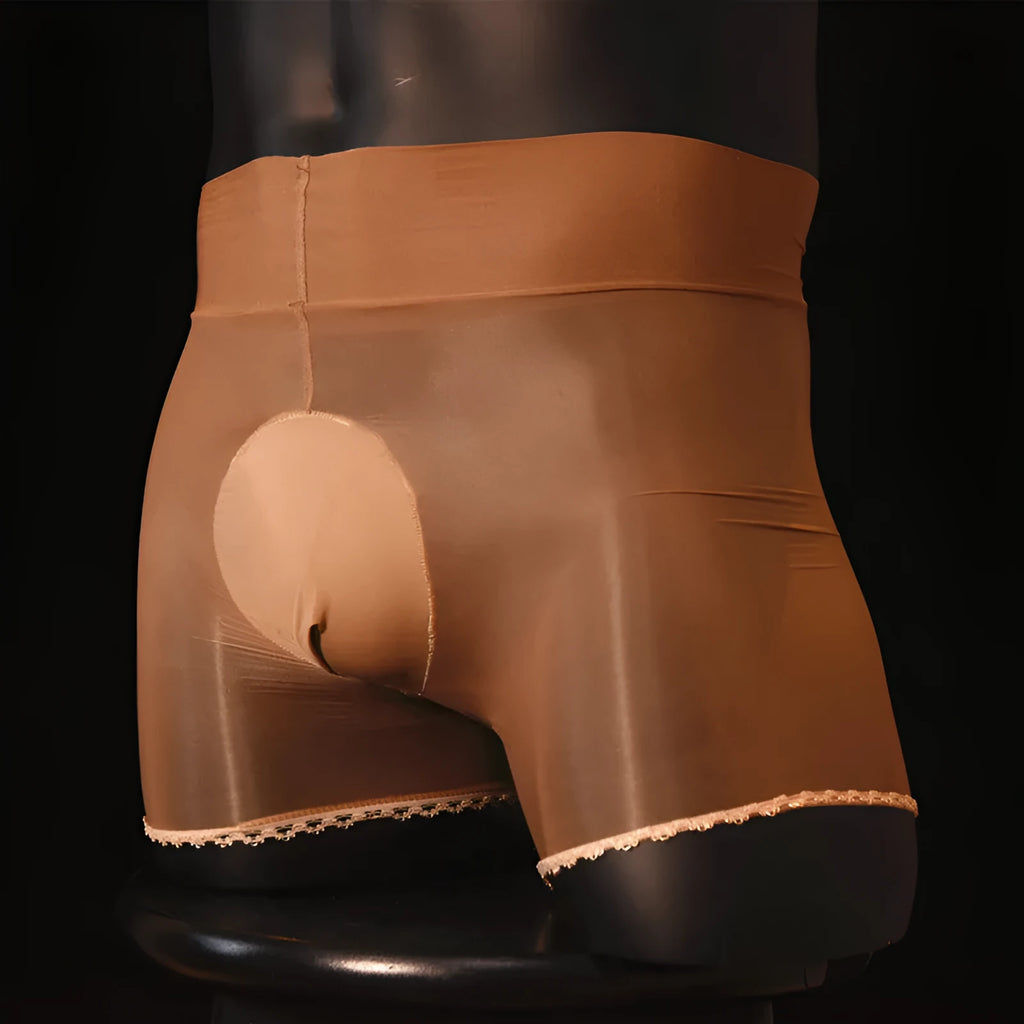 Men's shiny nylon stockings underwear transparent black mid waist U-shaped bag lace closing