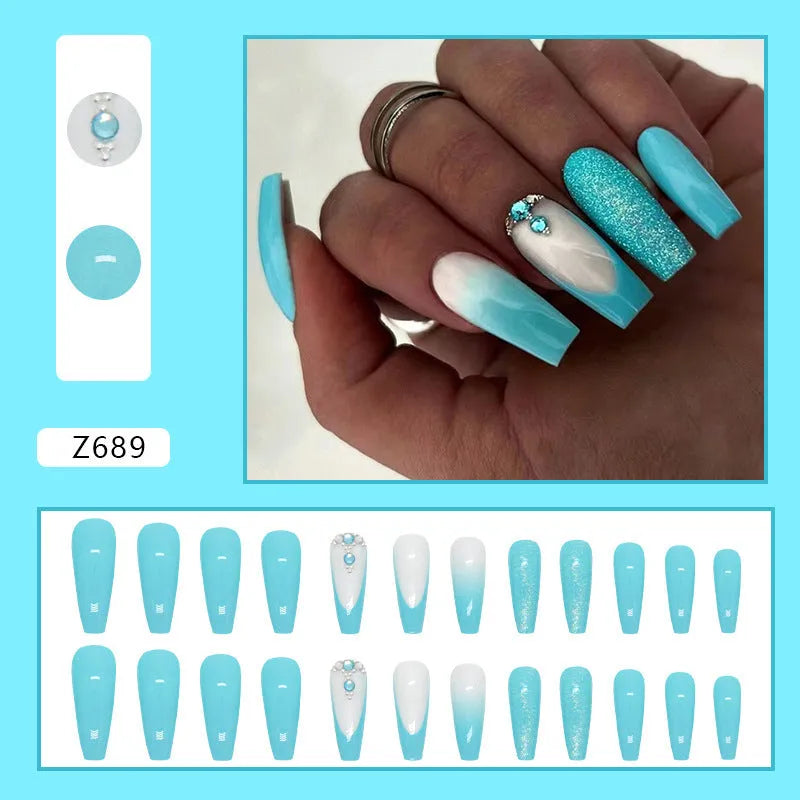 Smart blue diamond colour long ballet artificial nail art patches with glue
