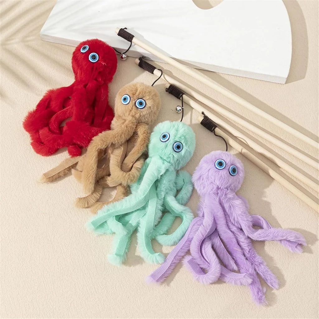Octopus cat toy with long stick handle in bright colours for indoor kitten play