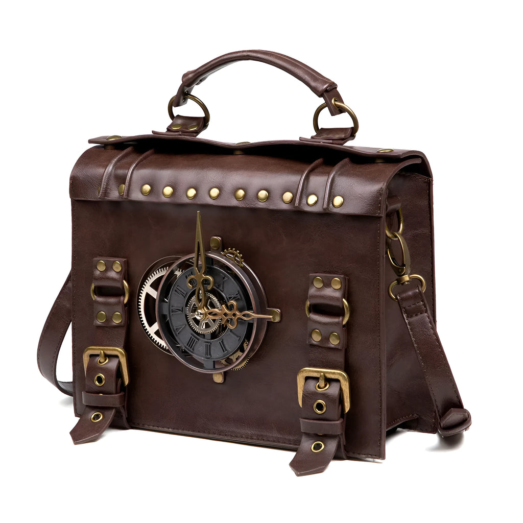 Bronze steampunk industrial retro shoulder bag with metal hardware on horizontal pillow shape