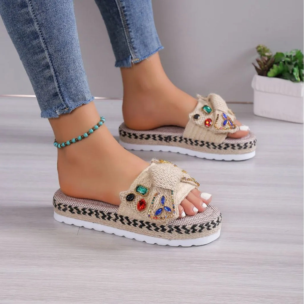 Beige women's platform sandals with bow detail and round cloth upper toe