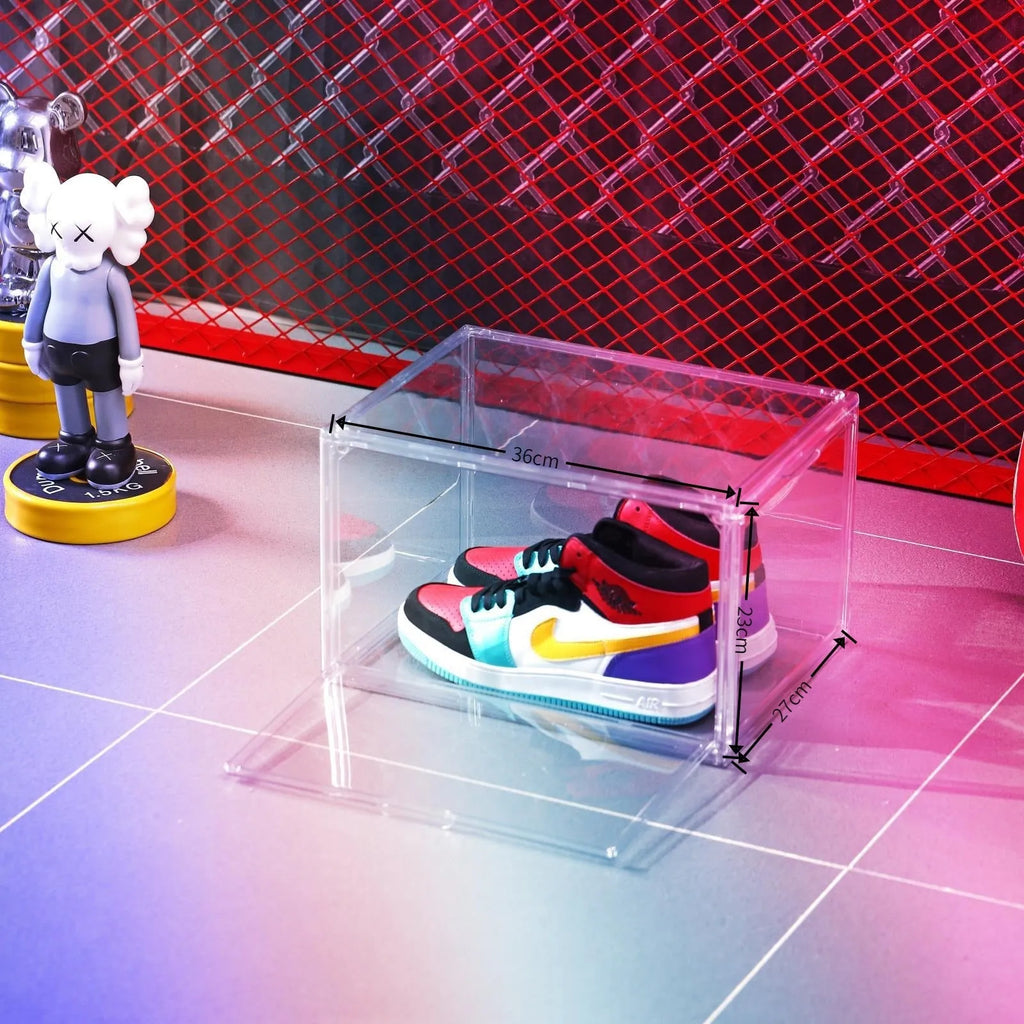 Large transparent acrylic shoe box with magnetic side door and lid, showing shoes inside