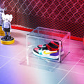 Large transparent acrylic shoe box with magnetic side door and lid, showing shoes inside