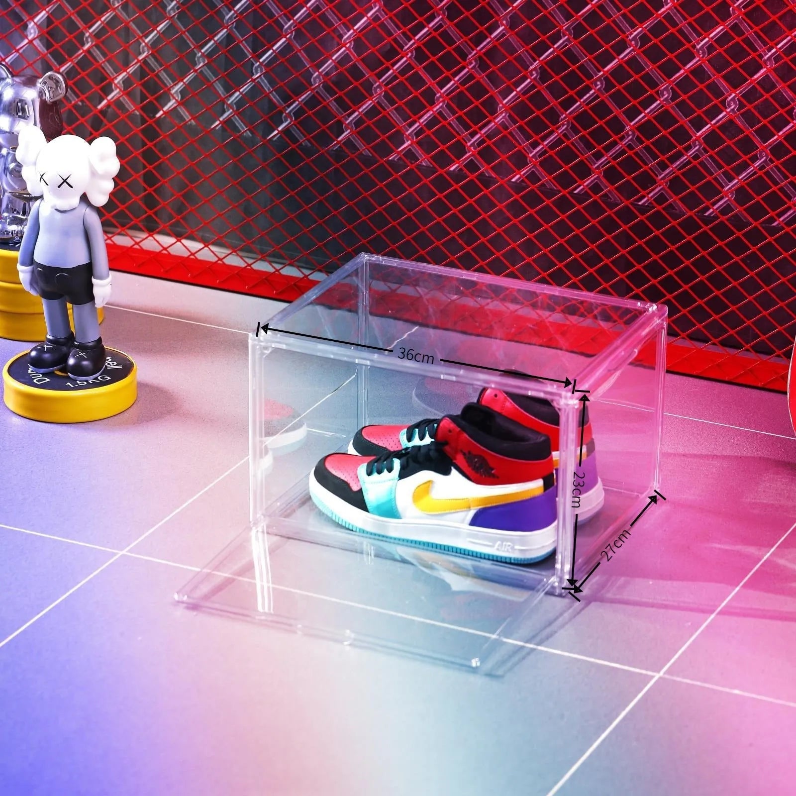 Large transparent acrylic shoe box with magnetic side door and lid, showing shoes inside