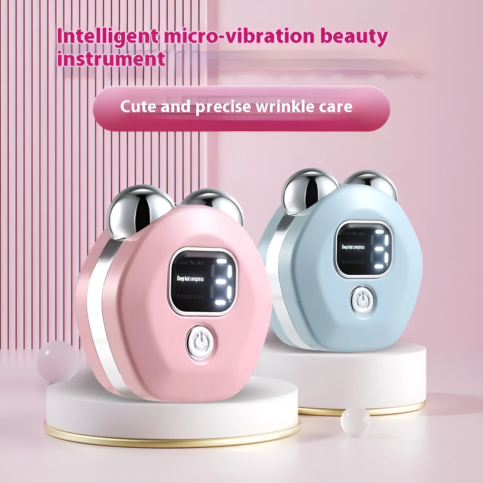 Portable white handheld facial massage instrument with double rollers and a charging cable
