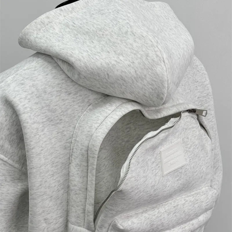 Men's back schoolbag design coat in light gray with hood and floral print, front view