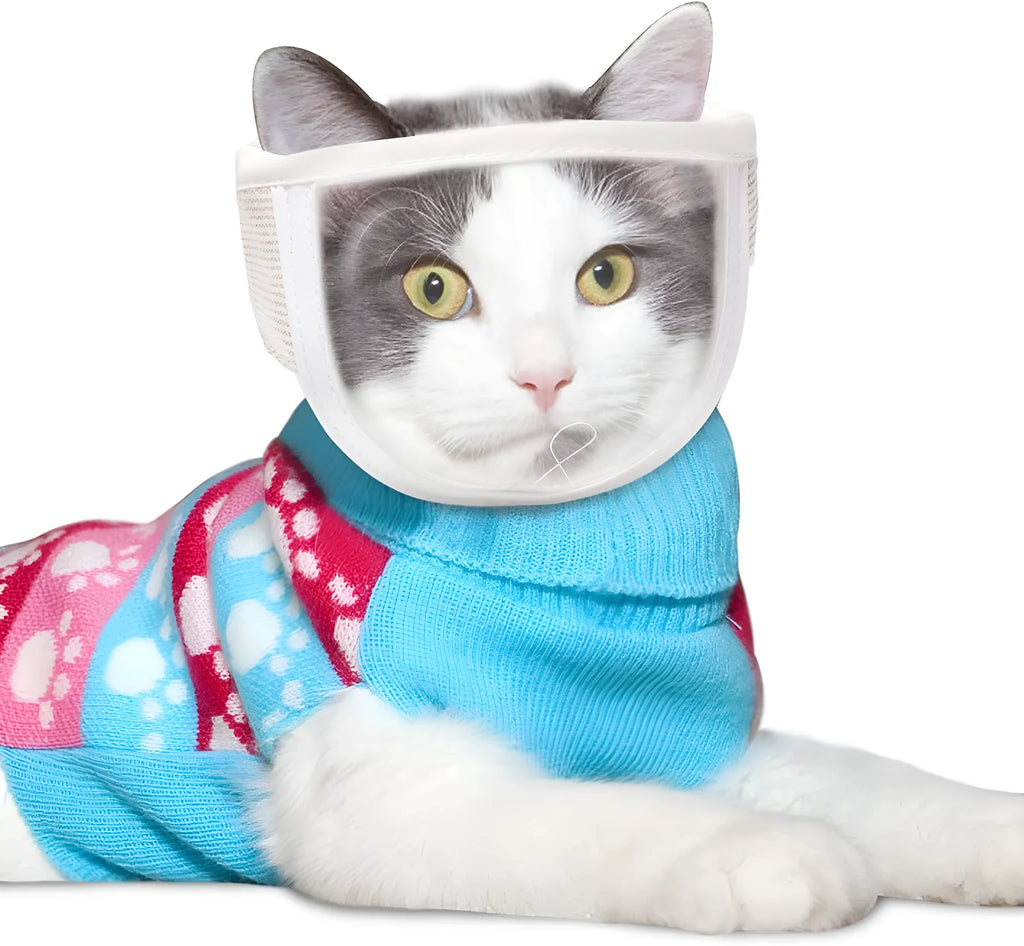 Transparent PVC and cotton anti-bite cat muzzle for grooming, with adjustable strap, available in S and M sizes