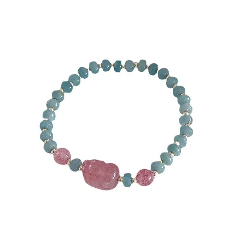 Natural blue water jade bead bracelet with gourd peace buckle pendant, simple women's retro ethnic style