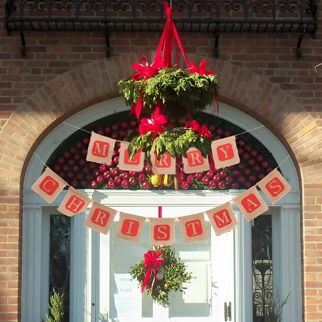 Merry Christmas burlap banner with 14 brown and red flags on a string, each flag approx 12x13 cm