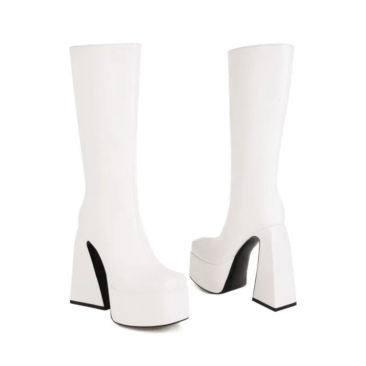Women's black casual high boots made of synthetic PU leather, shown in a side view.
