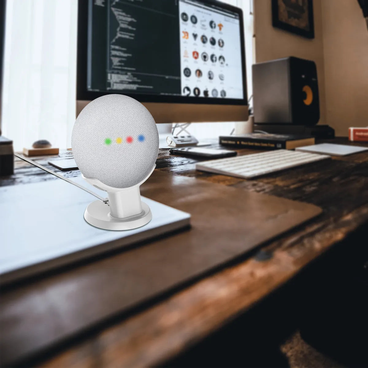 Plastic table holder stand for voice assistants in black and white options for kitchen or study use