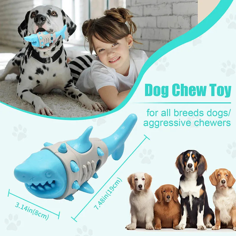Dog teething leaky toy in blue with shark-tooth texture and bite-resistant material