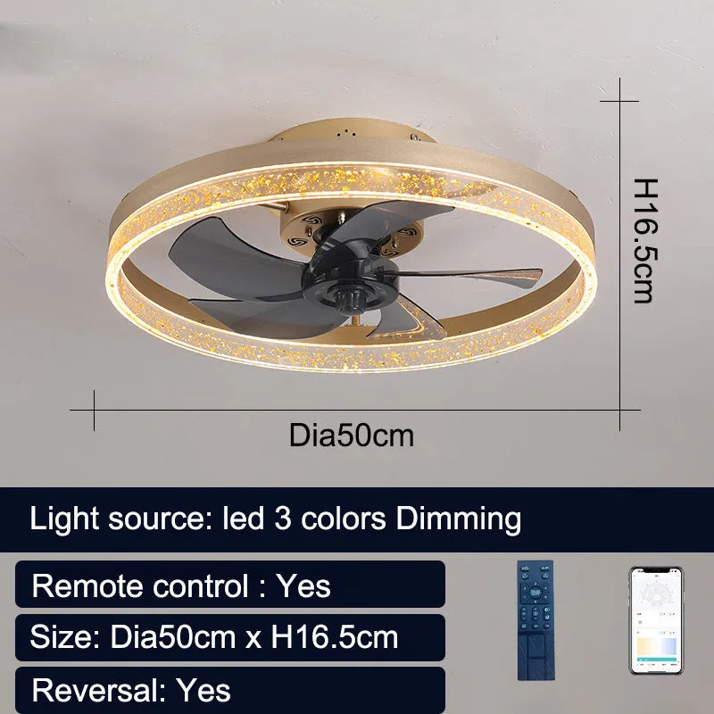 Nordic style ceiling fan lamp with remote control in coffee gold finish, 50cm diameter