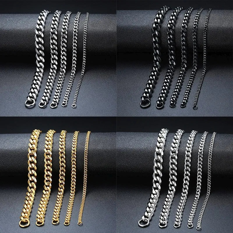 Six-sided geometric Cuban link chain metal bracelet in a gold finish on a wrist.