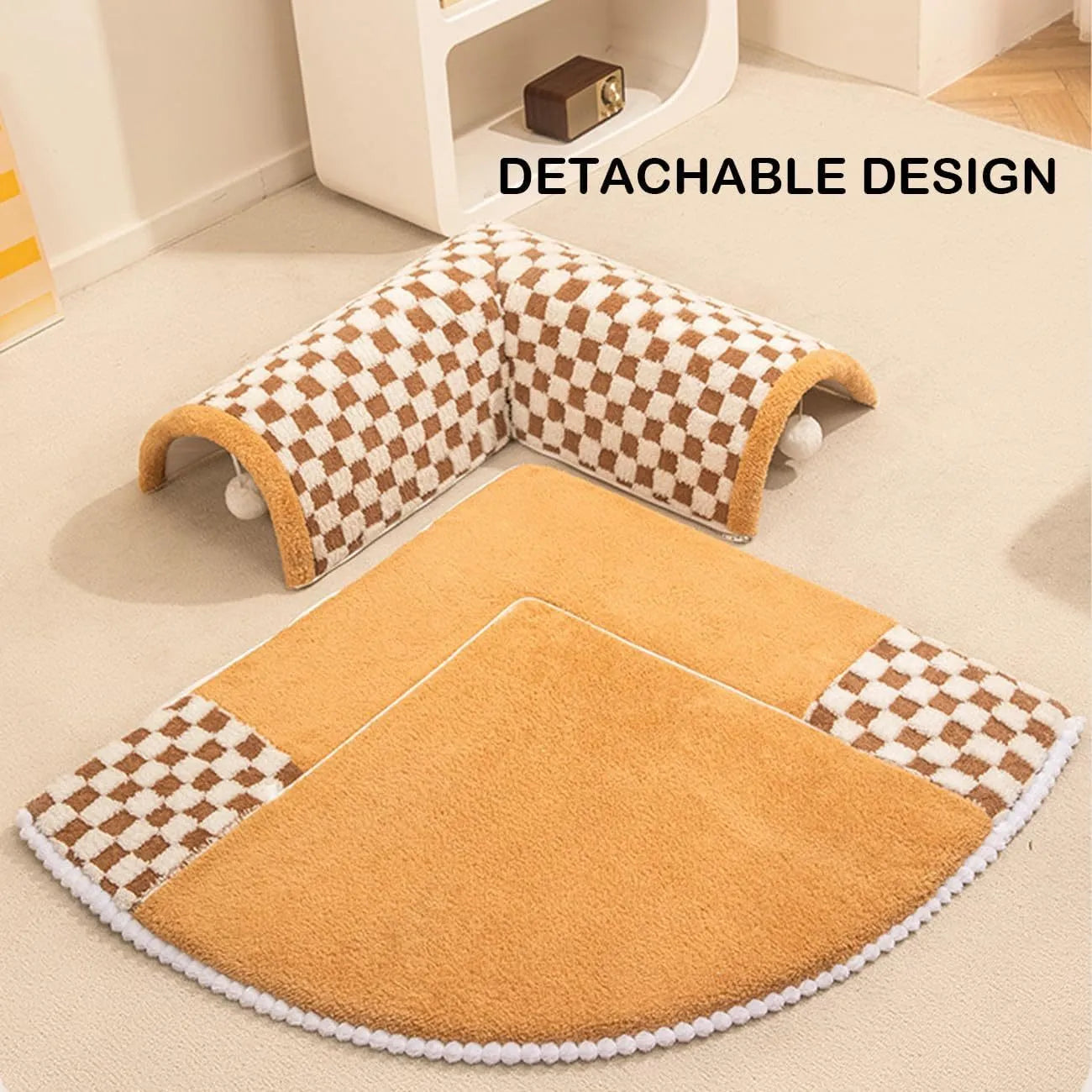 XL 80cm plush dog cat bed with tunnel and fan-shaped sleeping area in coffee plaid