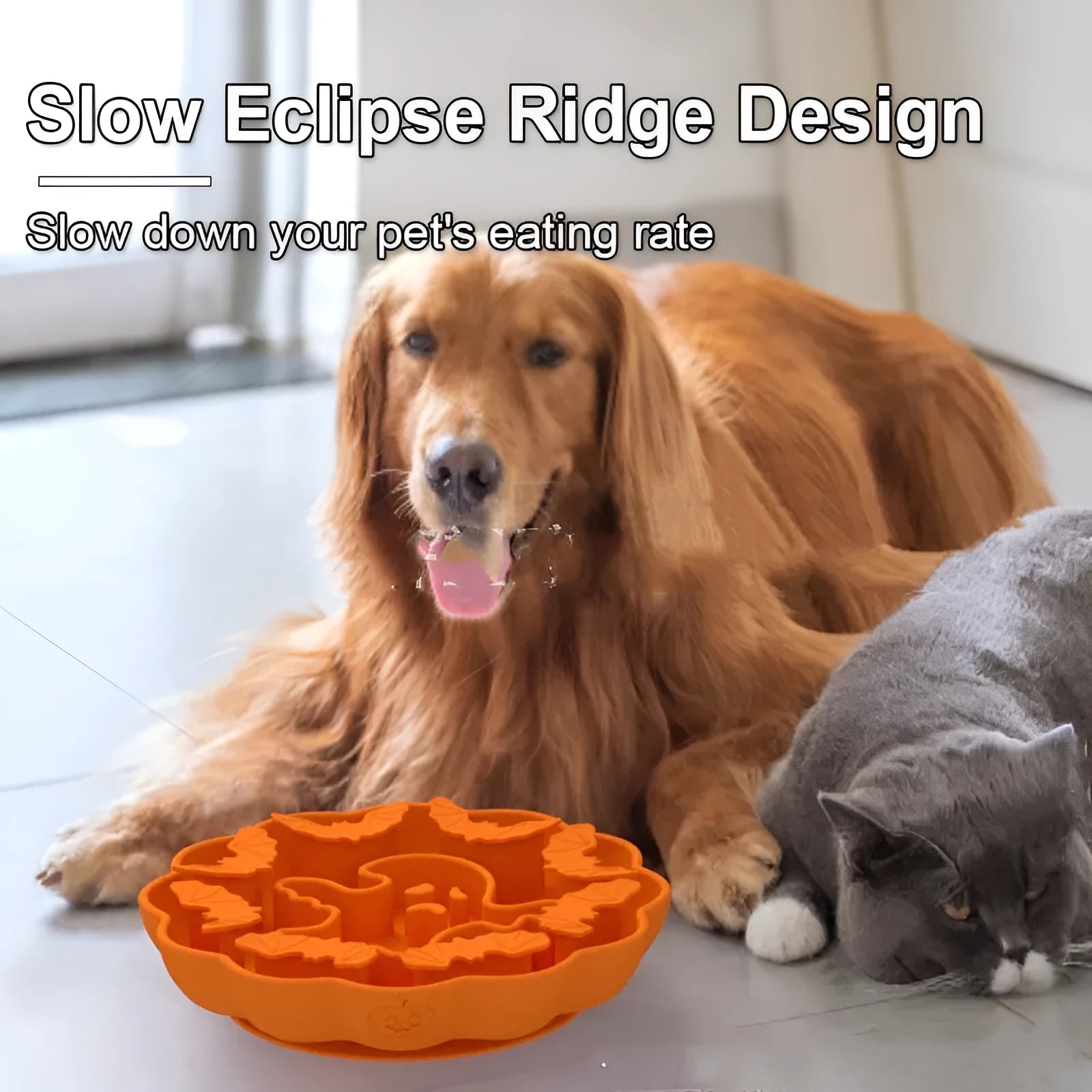 Anti-choke slow feeding dog bowl in edible silicone, Halloween green colour, square shape with raised internal patterns