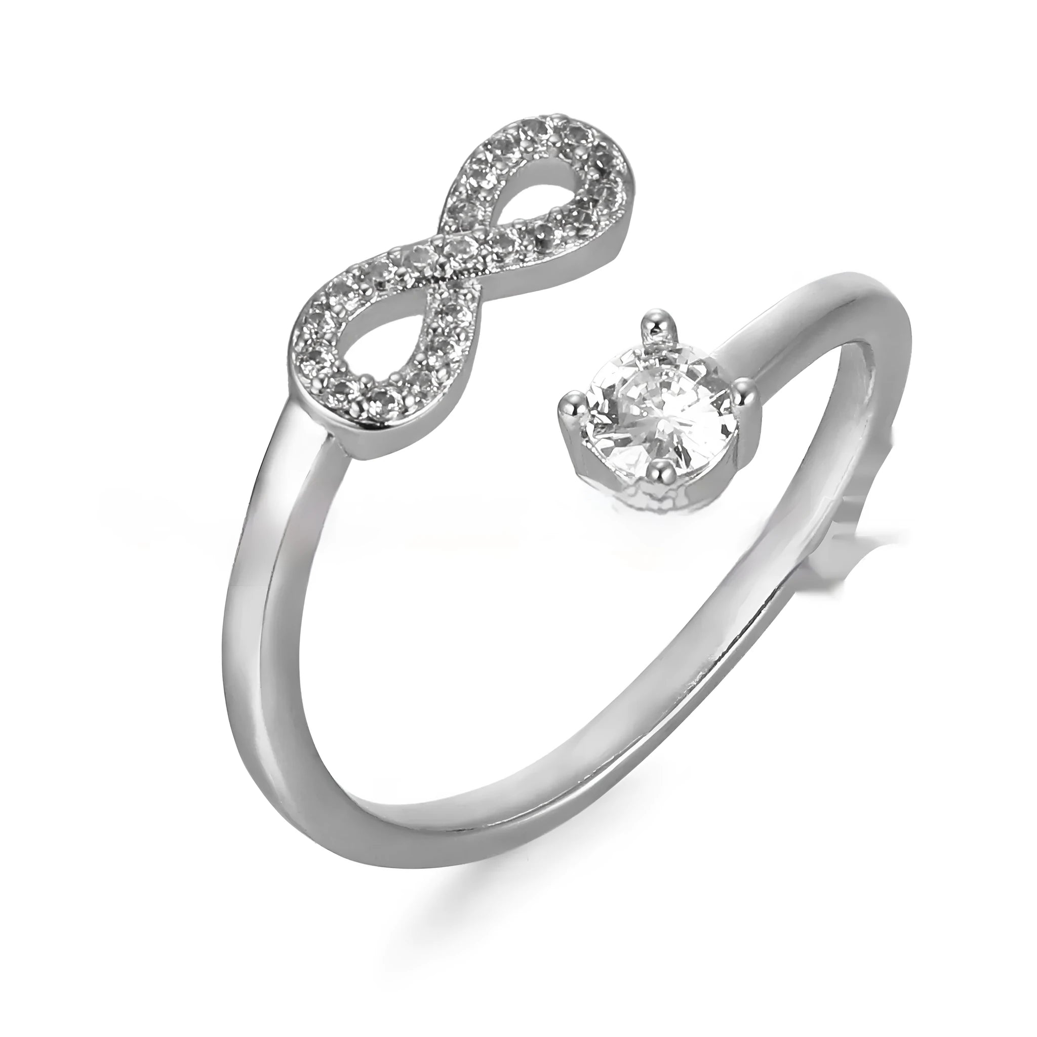 Geometric shape zircon letter ring showing alphabet sizing and three metal colour options