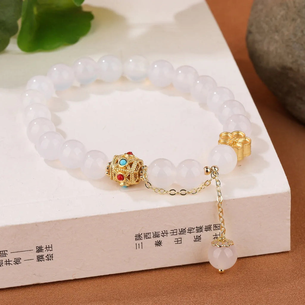Natural agate bracelet with 8mm beads and peach blossom copper parts for women