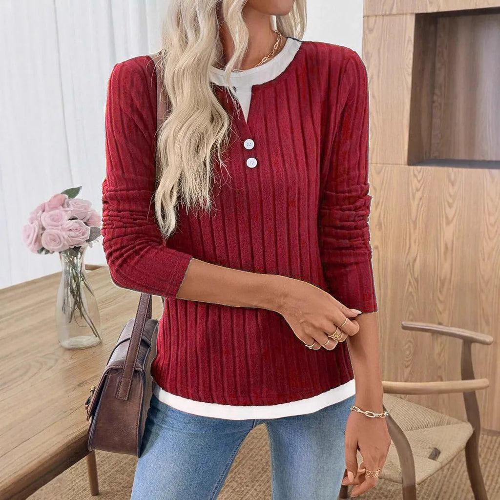Women's fake two-piece pullover sweater with concave stripe pattern and round neck button detailing
