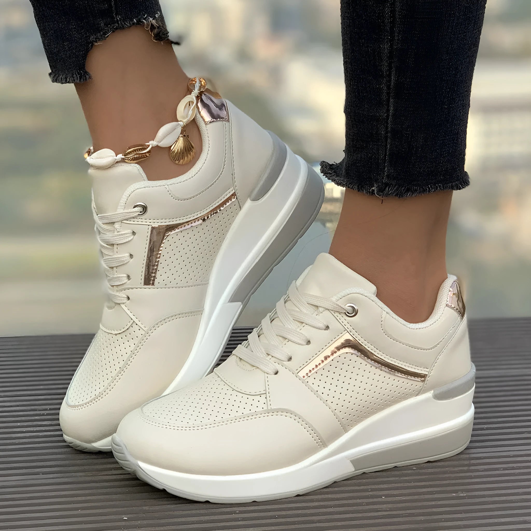 Women's wedge platform sports casual shoes in beige with rubber sole and lace-up closure