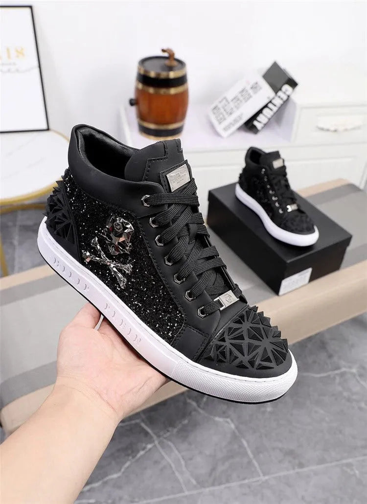 Men's black genuine leather high top skeleton shoes with white rubber sole and lace-up front