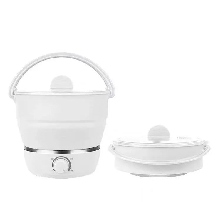 White portable folding electric cooker with food grade silicone body, 304 stainless steel liner, for 2-3 people travel camping