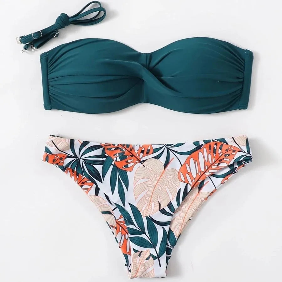 Split push up hard bag bikini swimsuit in fluorescent green with colour-matching pattern for swimming and wading