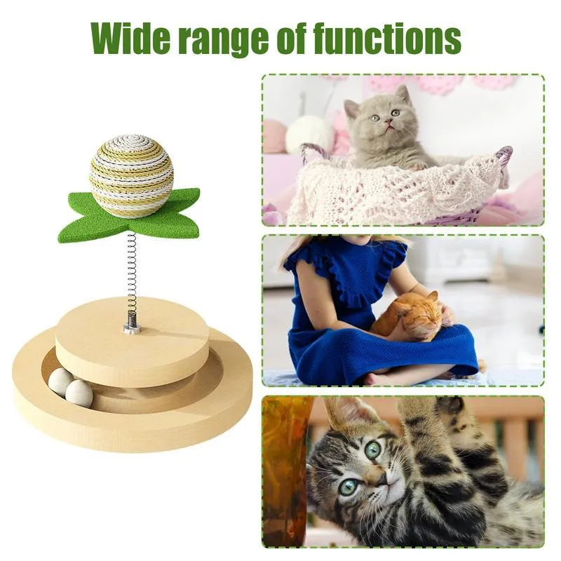 Green cat toy with sisal scratching pad, ball track, and spring ball for indoor kittens