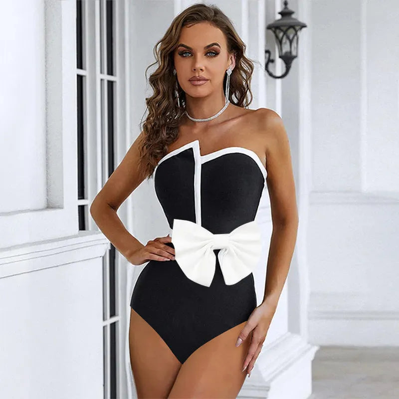 Black and white colour-block bow irregular tube top one-piece swimsuit for women with long skirt option