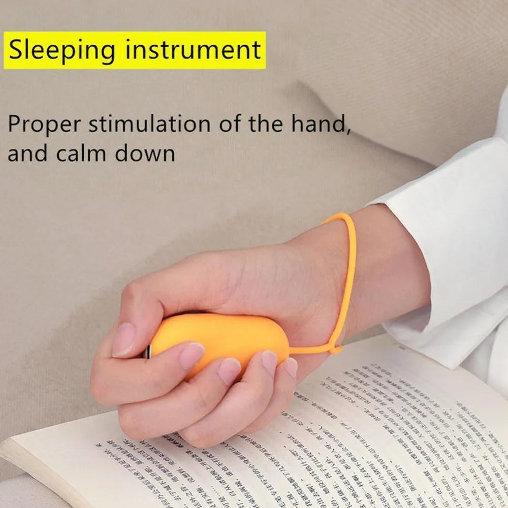 Hand-held micro-current sleep aid device with round button and stainless steel electrodes in grey colour