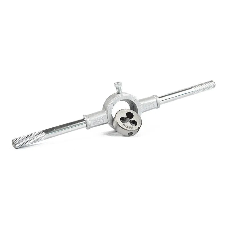 Hand tap wrench and die set with metric alloy steel dies in blister packaging