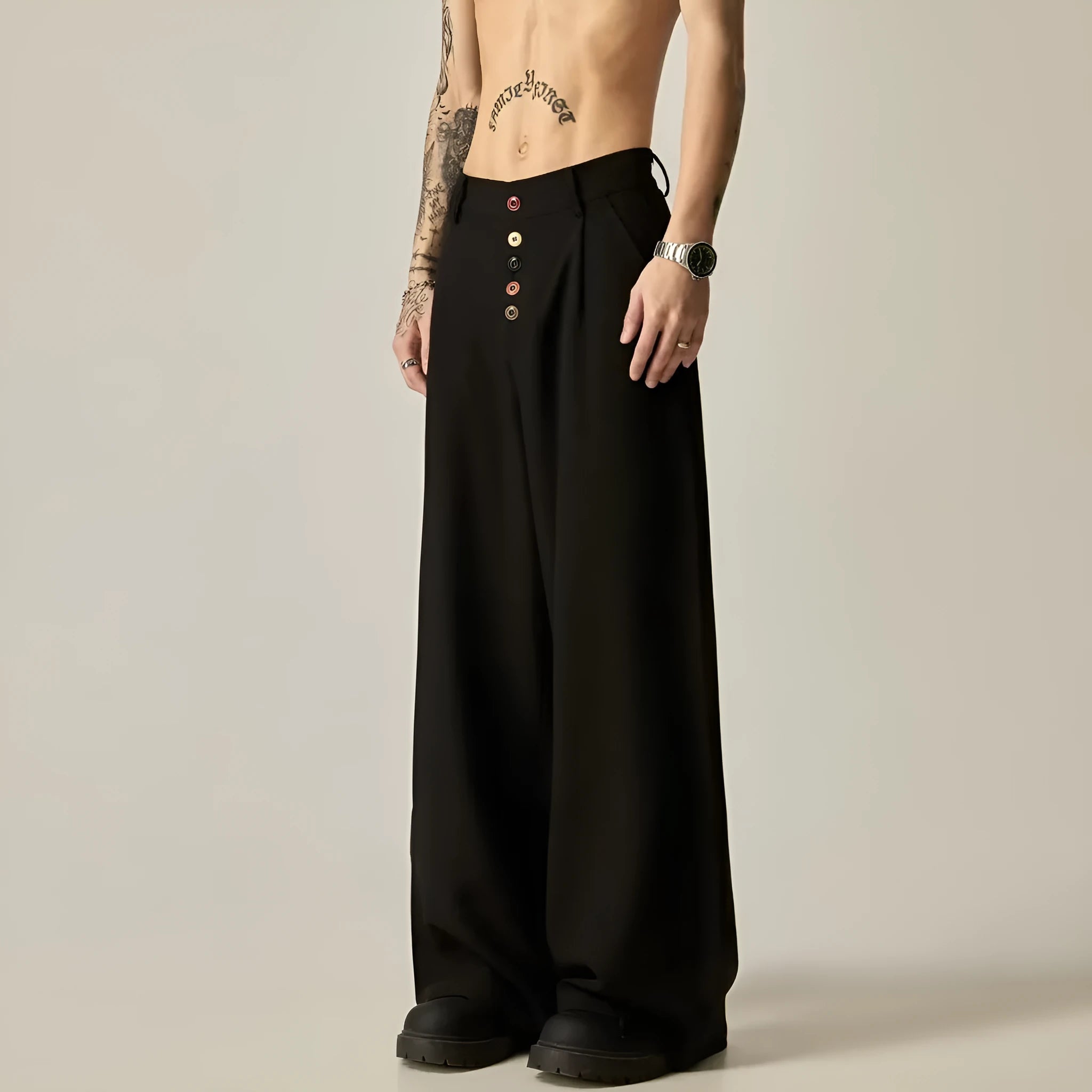 Men's solid colour vertical tube wide-leg casual trousers in black or brown with straight-leg design