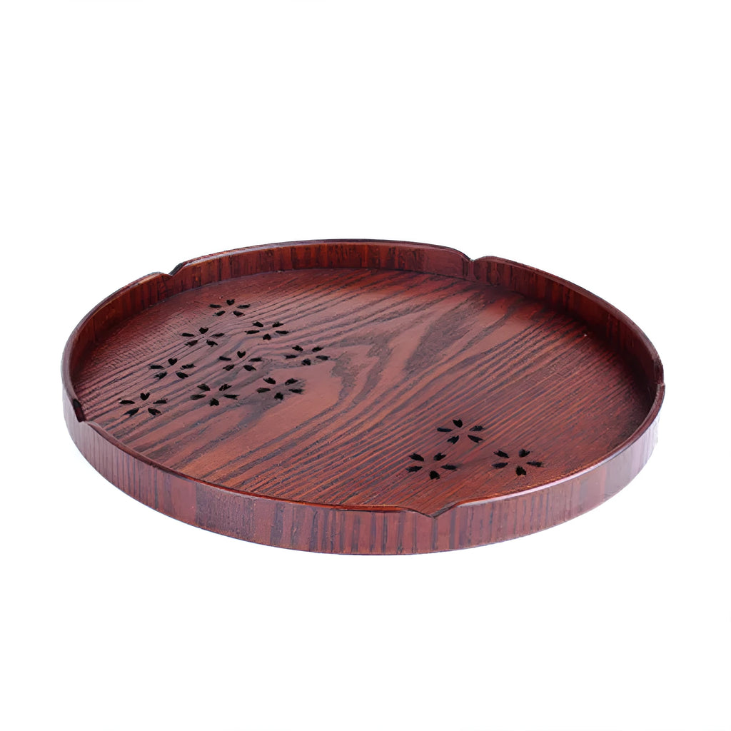 Wooden shallow plate with cherry blossom cut-out design, 30cm diameter.