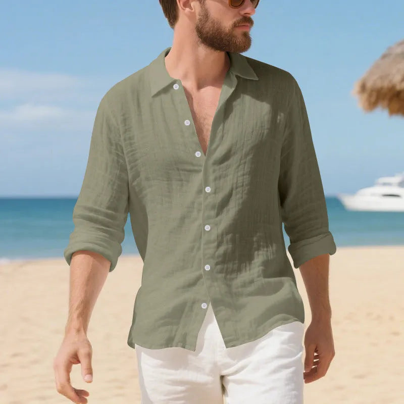 Men's loose fit linen casual shirt in non-ironing American style with eight colour options