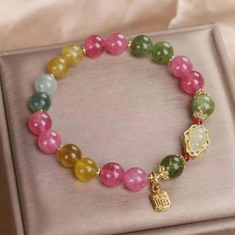 Colourful tourmaline gourd blessing card flower-shaped women's bracelet with mixed material and electroplated finish