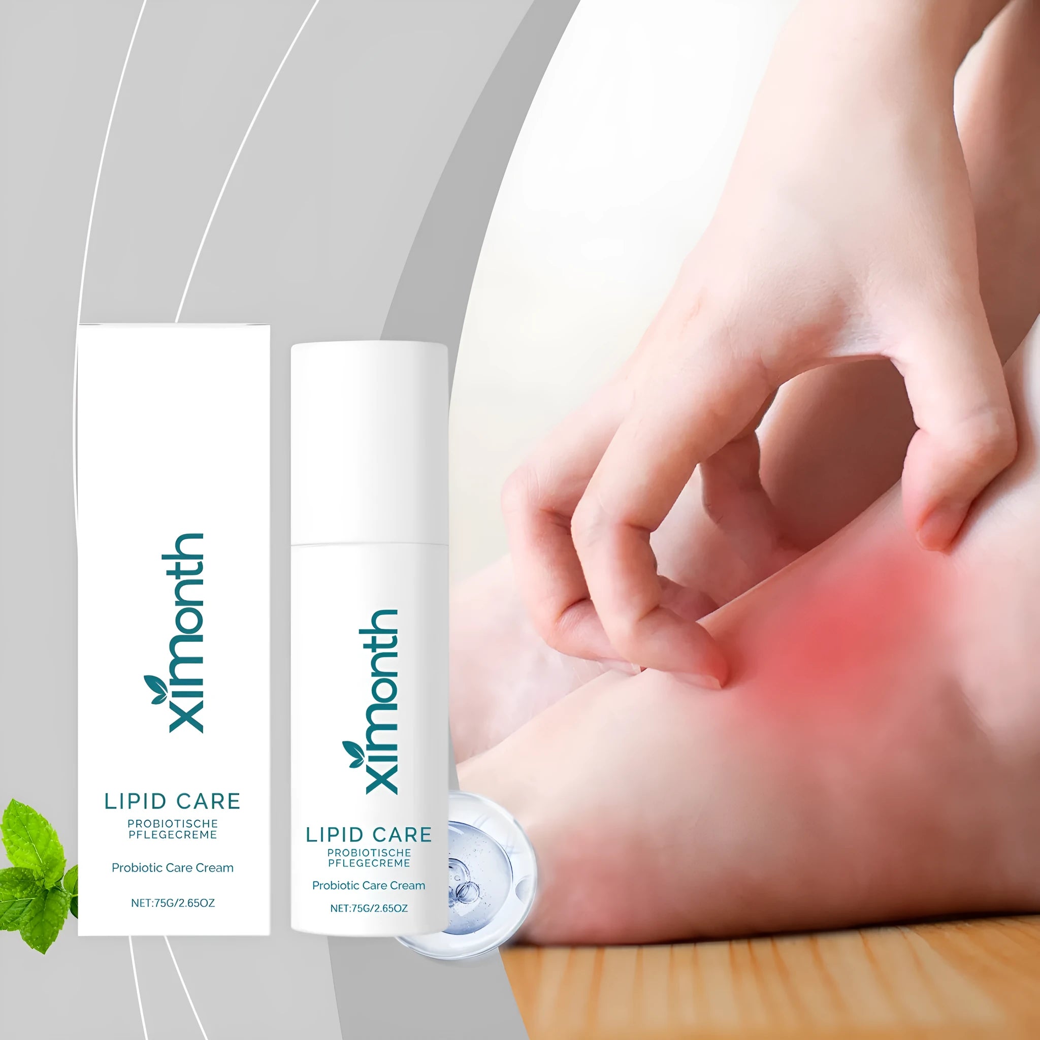 White pot of gentle soothing skin neck cream with Bifidobacterium animal milk and mint leaf, 75g