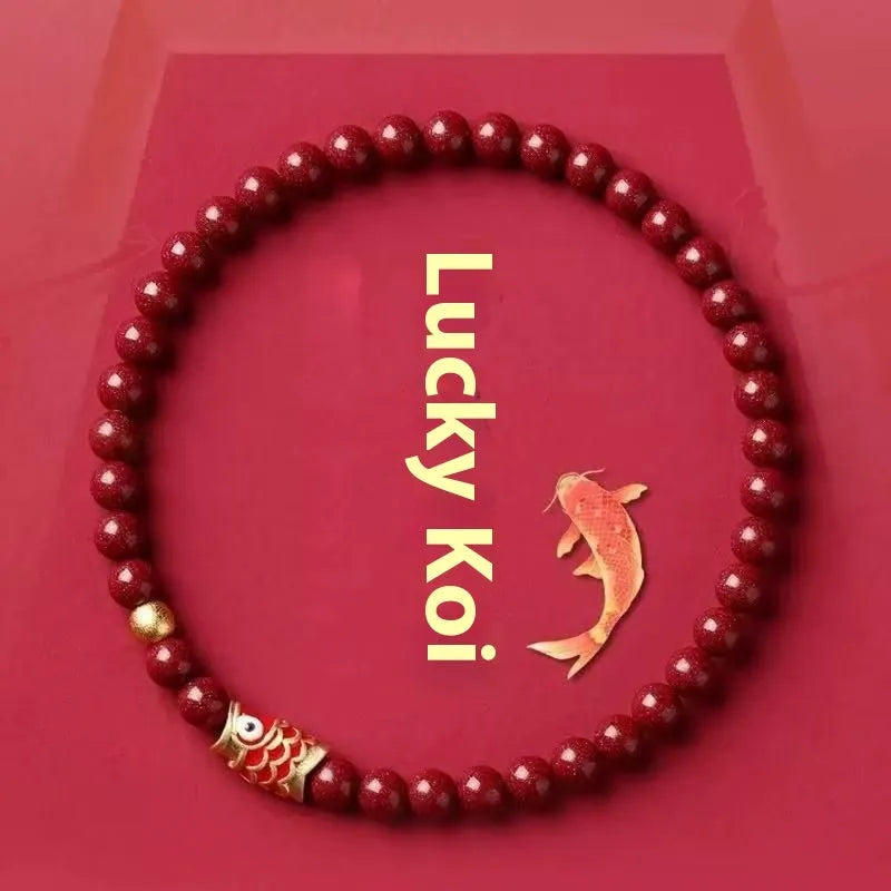 Natural raw ore cinnabar koi bracelet with golden ball model, 4mm beads, national style