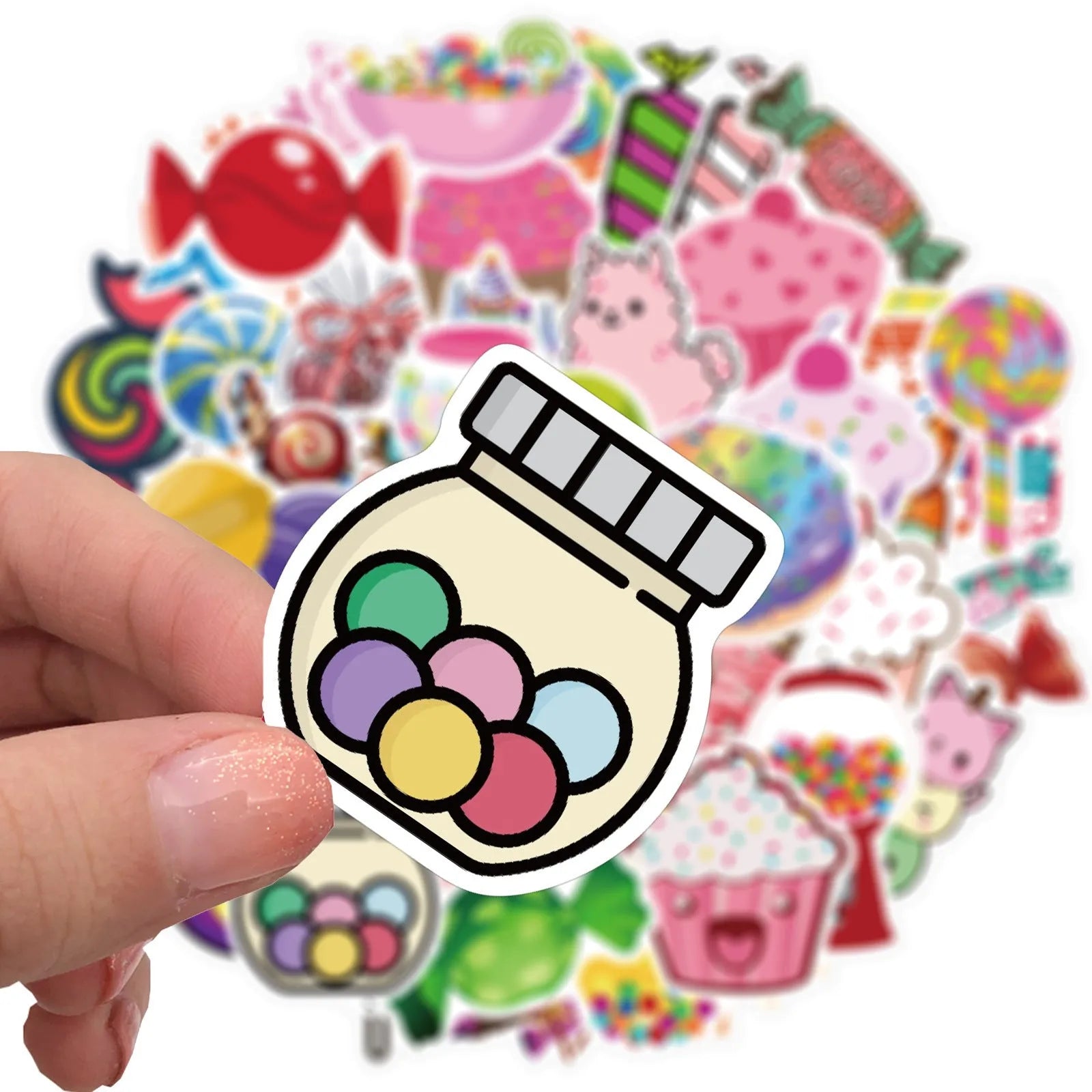 Pink pack of 50 colourful Candy series graffiti stickers with cartoon patterns, each sticker 4-6cm long.
