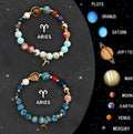 Two natural stone beaded bracelets showing zodiac sign designs with adjustable fastenings