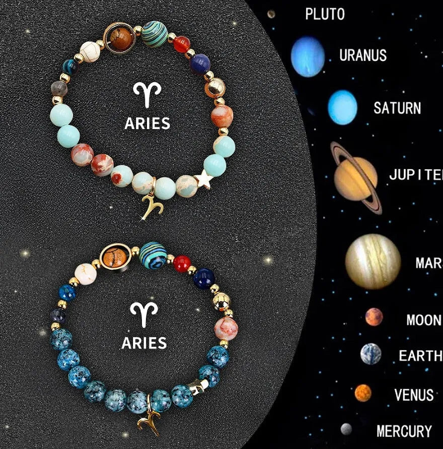 Two natural stone beaded bracelets showing zodiac sign designs with adjustable fastenings
