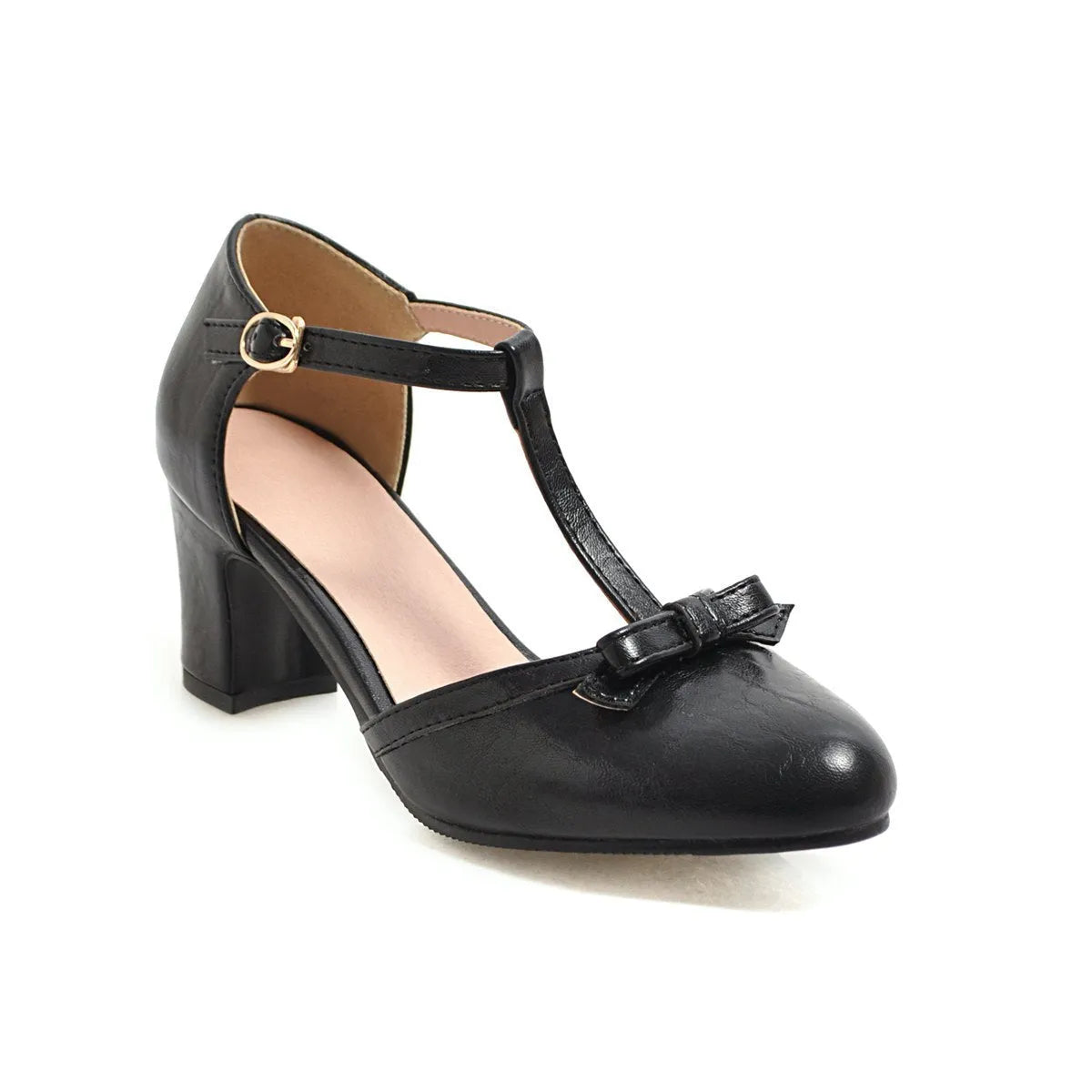 Women's apricot coloured chunky heel sandals with a buckle strap and bow tie detail on a 6.5cm heel.