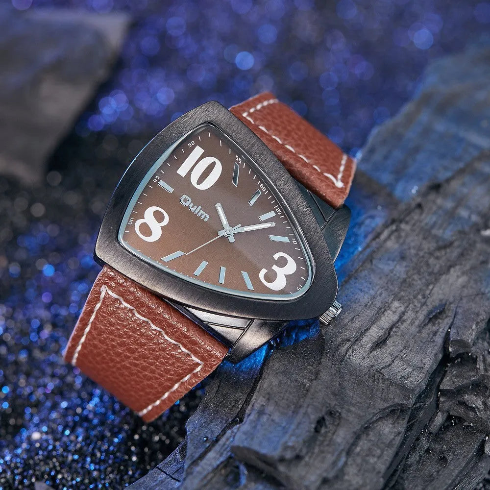 Men's triangle belt quartz watch showing 9mm thickness in brown, black or blue colour options