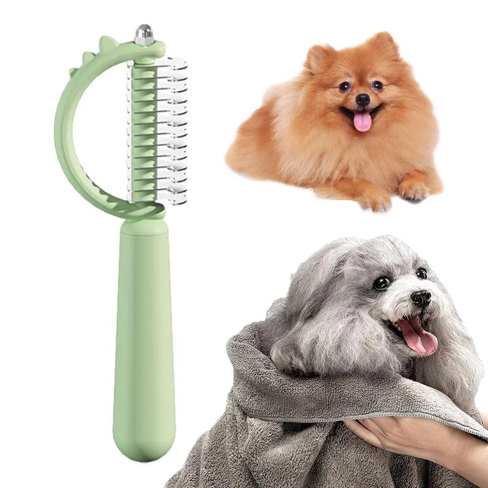 Blue dinosaur-shaped self-cleaning cat brush with stainless steel bristles on a white background