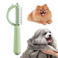 Blue dinosaur-shaped self-cleaning cat brush with stainless steel bristles on a white background