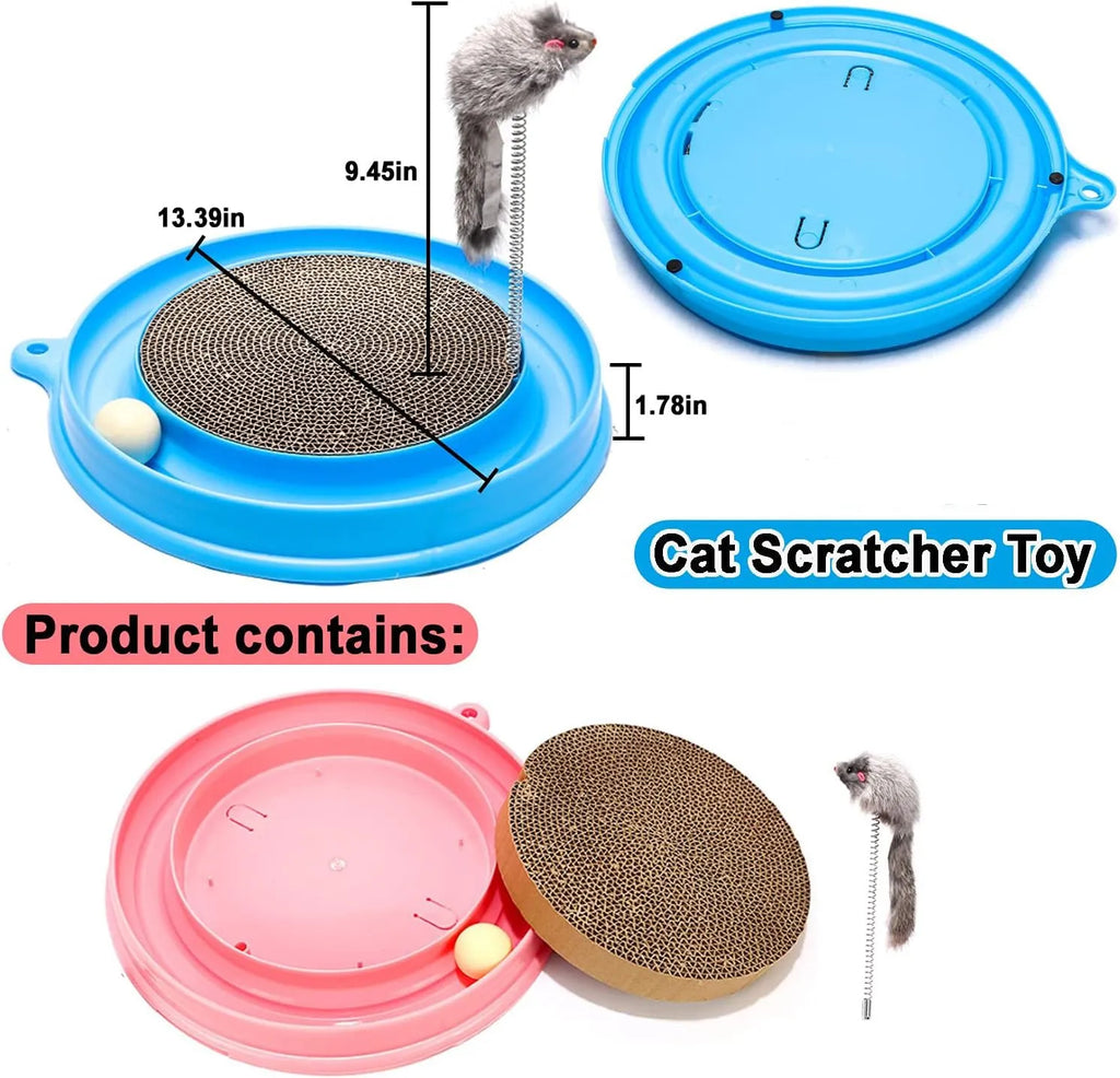 Round blue cat scratcher toy with ball track and replaceable cardboard scratching surface