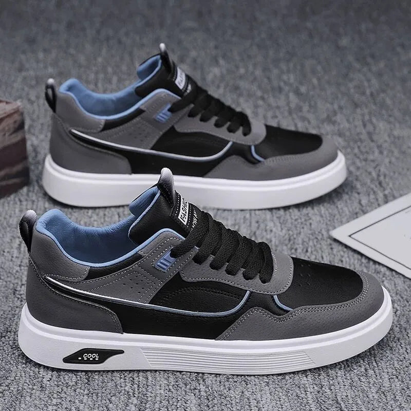 Men's Korean-style low-top canvas board shoes in black, beige, or grey with mesh lining